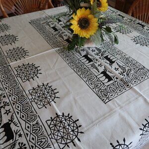 Black and White Nature Block Print Bordered Tablecloth 54" x 78"